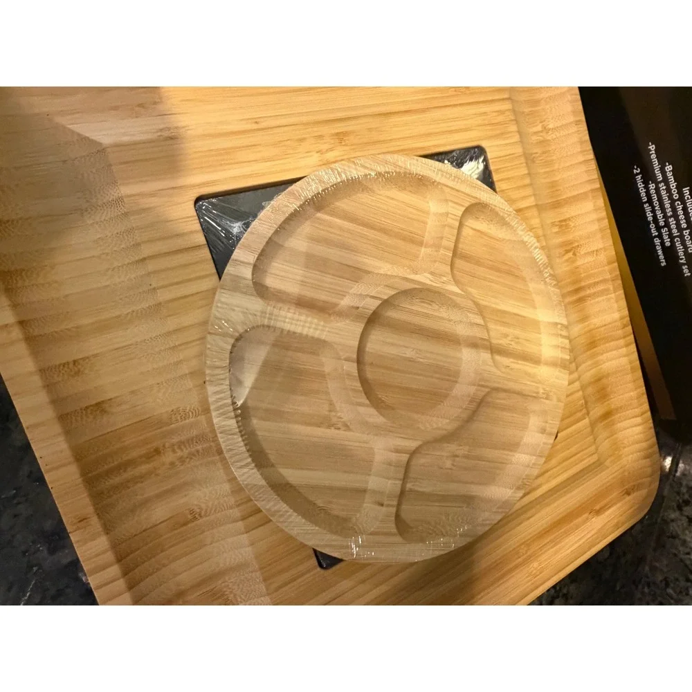 ViralCity Bamboo Cheese Board Set with Slate Insert and Slide Out Drawers New
